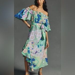 Anthropologie Oopscool Green Ruffled Off-Shoulder Sundress